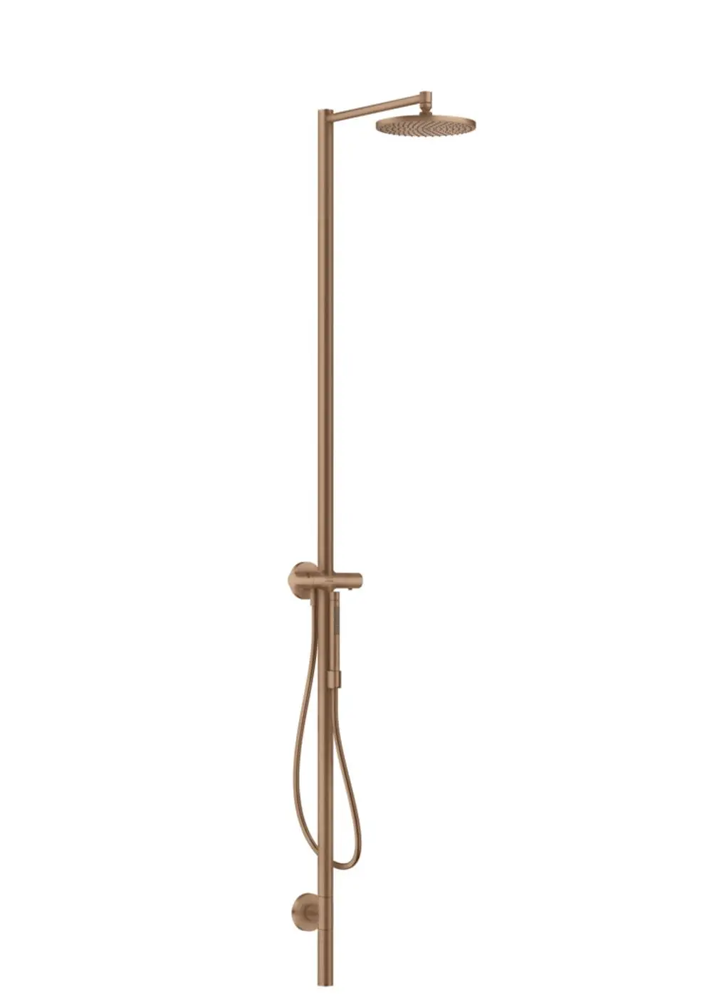 Duschsäule mit Thermostat und Kopfbrause in Brushed Red Gold-Finish von AXOR, bestehend aus einer senkrechten Stange mit angebrachter Handbrause und Kopfbrause.